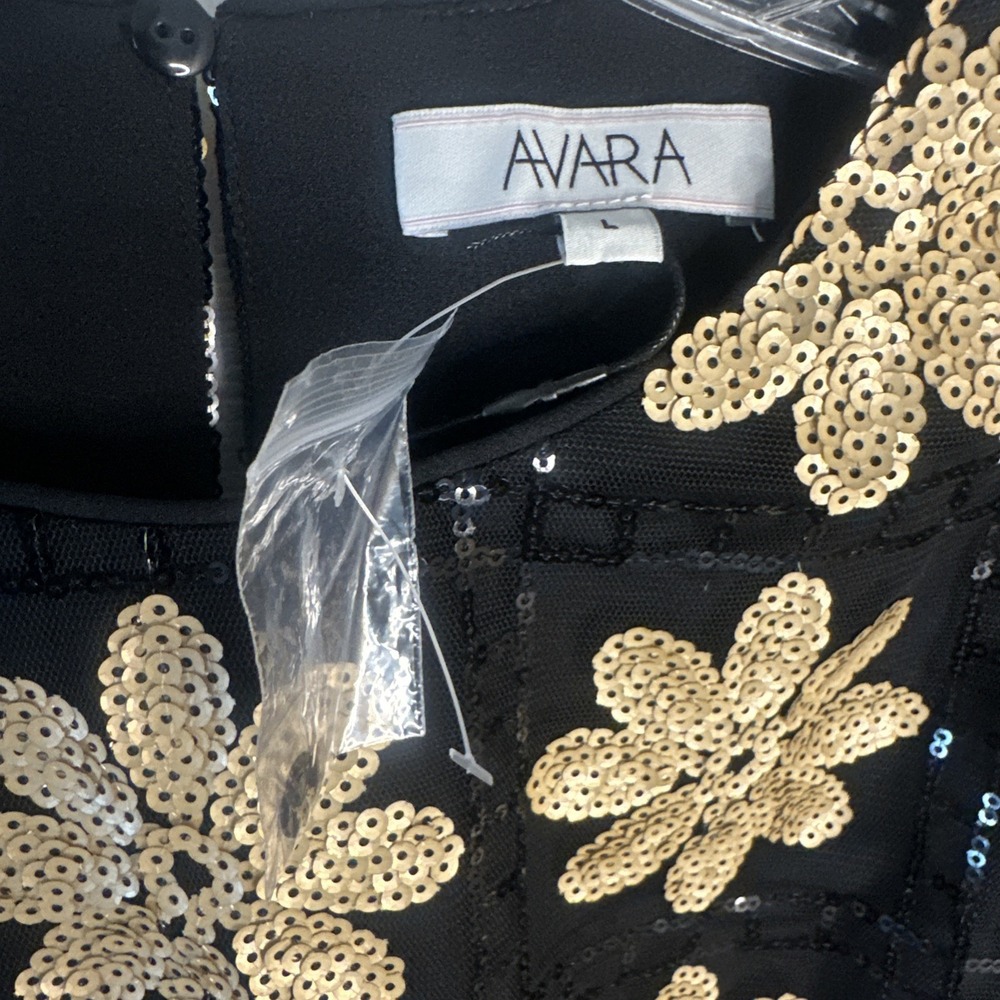 NEW Avara Black Gold Flower Power Sequin Dress Sz Large - Picture 4 of 8